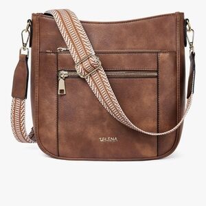 Telena Brown Faux Leather Crossbody with Patterned Strap